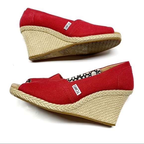 Toms Shoes - €• Tom's Canvas Peep Toe 3" Espadrille Wedges Red